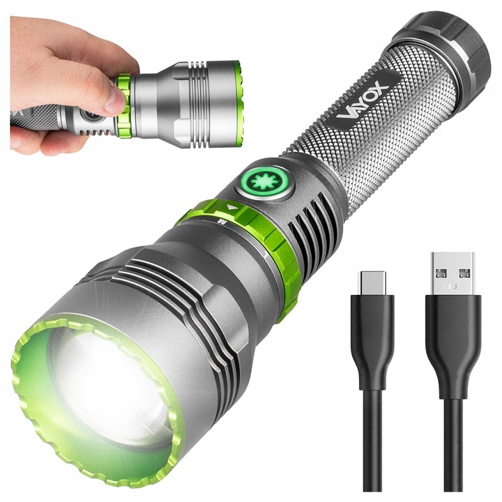 Vayox Pro Series VA0363 LED тактически фенер, изработен от алуминий, 1000 лумена, включена батерия, IPX7 водоустойчивост, USB-C зареждане, Powerbank, сребрист