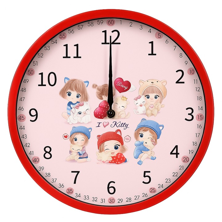 Ceas de perete pentru fetite, ideal camera copilului, silentios, rosu cu pisicute, 30 cm x 4,4 cm