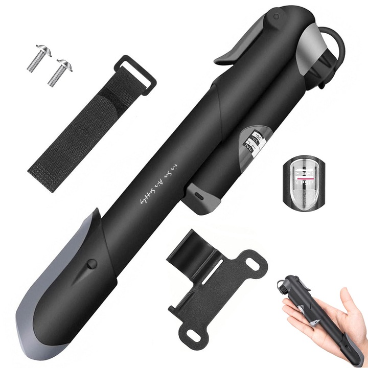 Pompa manuala pentru bicicleta, BYONDSELF®, 120 PSI, cu Manometru, Suport, Duza convertibila americana/franceza, Metal, Negru