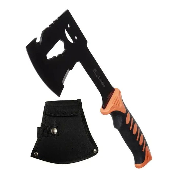 Többfunkciós acél fejsze, csúszásgátló narancssárga nyél, fekete tok, 29 cm, Dalimag