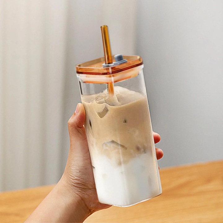 YANYXR üvegpohár tetővel és szívószállal, többszínű, 350ml, 6x6cm