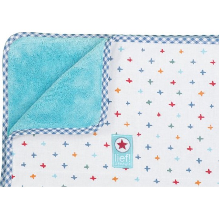 Prémium pamutból készült babatakaró, bolyhos, türkizkék csillagokkal, 100x150cm