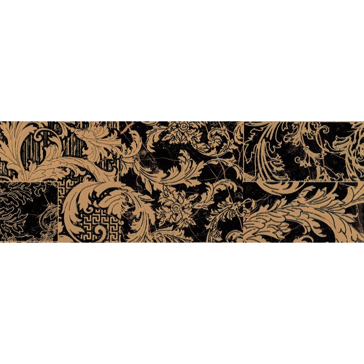 Versace díszcsempe, 4 darabos szett, mozaik díszítéssel, fekete/arany, 19,5x58,5cm