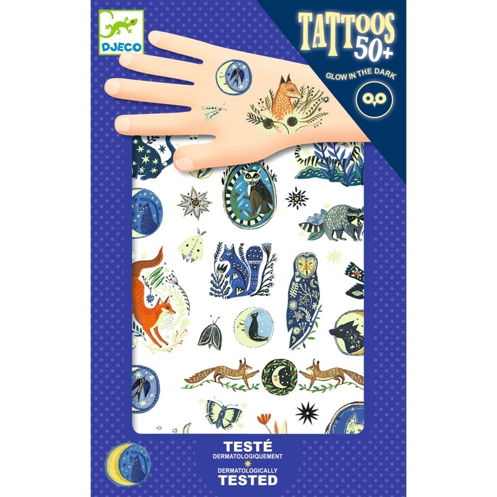 Tatuaje temporare fosforescente, Animale nocturne, Djeco, testate dermatologic, +3 ani
