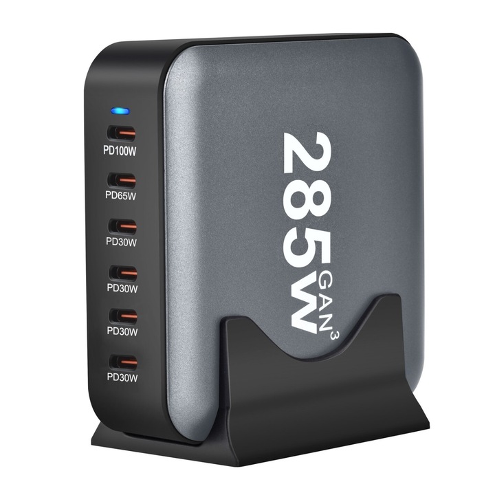 285 W-os GaN3 töltőállomás 6 port 2 x 100 W USB-C, 1 x 65 W USB-C, 4 x 30 W USB-C, QC3.0, PD USB Type-C gyorstöltés okostelefonhoz, laptophoz, Samsung Galaxyhoz, Apple Universal RiKbo®