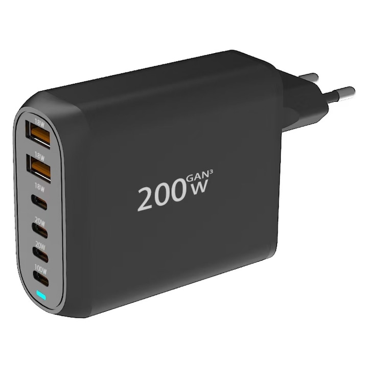 200W GaN3 зарядна станция 6 порта 1x 100W USB-C, 2 X 20W USB-C, 1 X 18W USB-C, 2 x 18W USB-A, QC3.0, PD USB Type-C Бързо зареждане за смартфон, лаптоп, Samsung Galaxy, Apple Universal RiKbo®