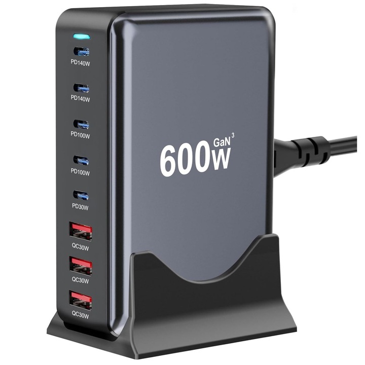 600 W GaN3 8 az 1-ben töltőállomás, gyorstöltés, USB-C és USB-A, PD 140 W, QC 30 W, QC3.0, PD gyorstöltés USB Type-C okostelefonokhoz, laptopokhoz, Samsung Galaxy, Apple Universal RiKbo®