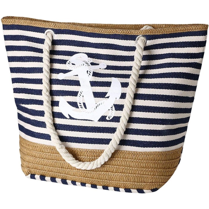 Geanta de plaja mare, alba, cu fermoar si buzunar interior, 14x31x45cm