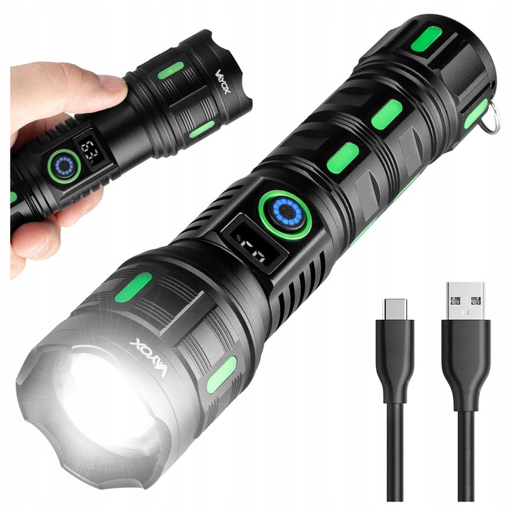 Тактически LED фенер Vayox Pro Series VA0365, алуминий, 1200 лумена, LED 20W, включена батерия, USB-C зареждане, Powerbank, Черен/Зелен