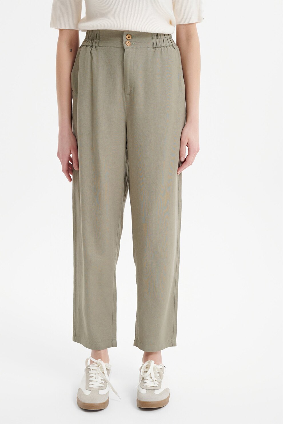 GreenPoint, Pantaloni din amestec de in cu talie inalta, Kaki, 40