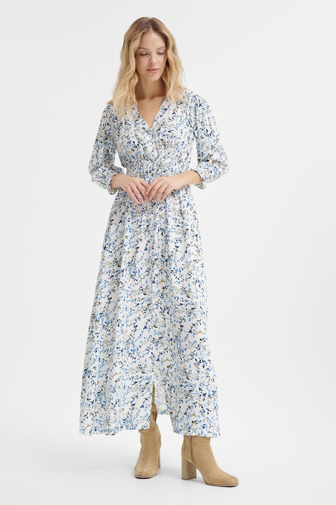 GreenPoint, Rochie lunga cu model si decolteu in V, Gri cenusiu/Alb murdar/Albastru deschis, 42