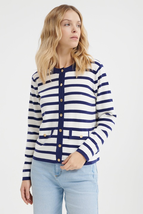 GreenPoint, Cardigan cu dungi si nasturi, Alb murdar/Bleumarin, XL
