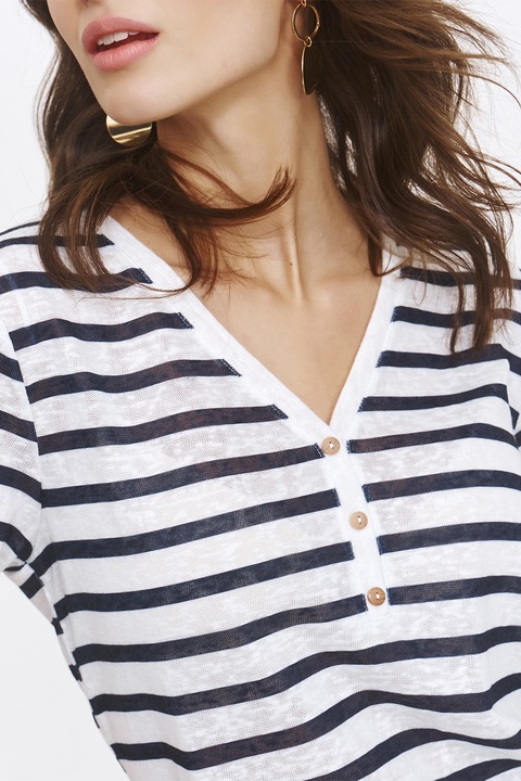 Top Secret, Tricou cu dungi si decolteu in V, Alb/Bleumarin/Transparent