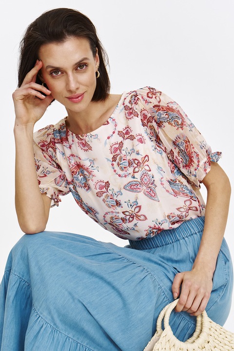 Top Secret, Bluza cu model si maneci medii, Alb fildes/Rosu stins/Albastru deschis