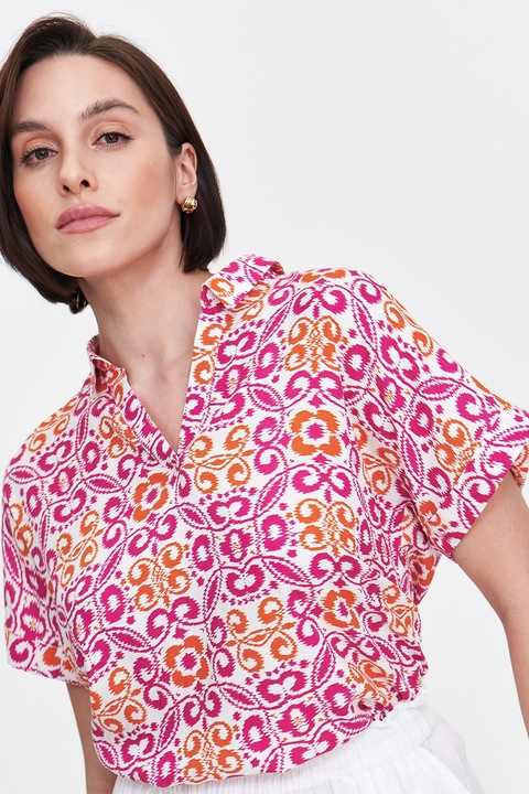 Top Secret, Tricou cu model si decolteu in V, Alb/Portocaliu/Fucsia