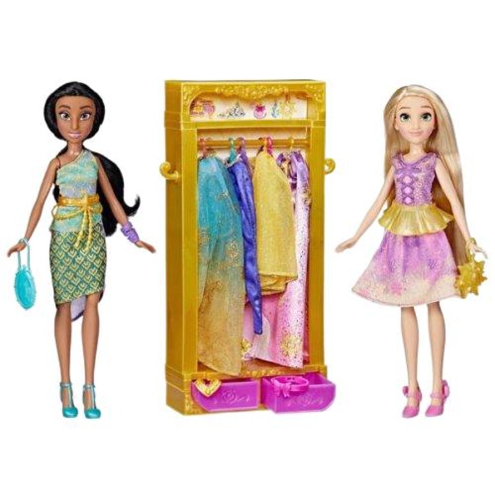 Set Fashion Disney Princess: Papusi Jasmine si Rapunzel cu Garderoba si 22 Accesorii