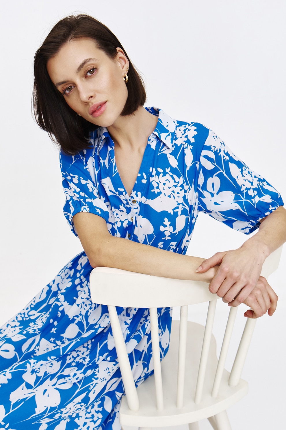 Top Secret, Rochie midi cu model, Alb, Albastru royal, 40