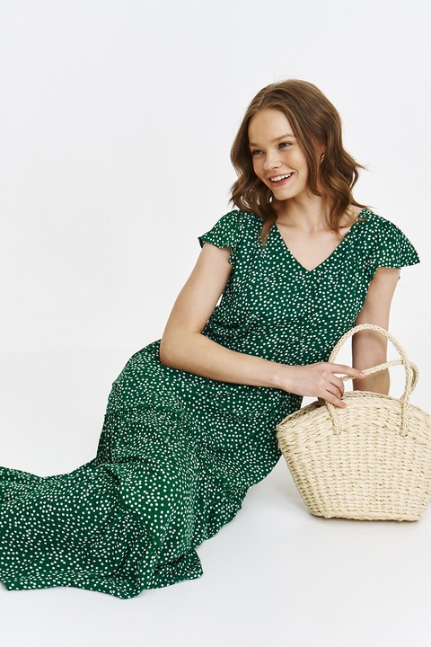 Top Secret, Rochie cu decolteu in V si buline, Alb/Verde