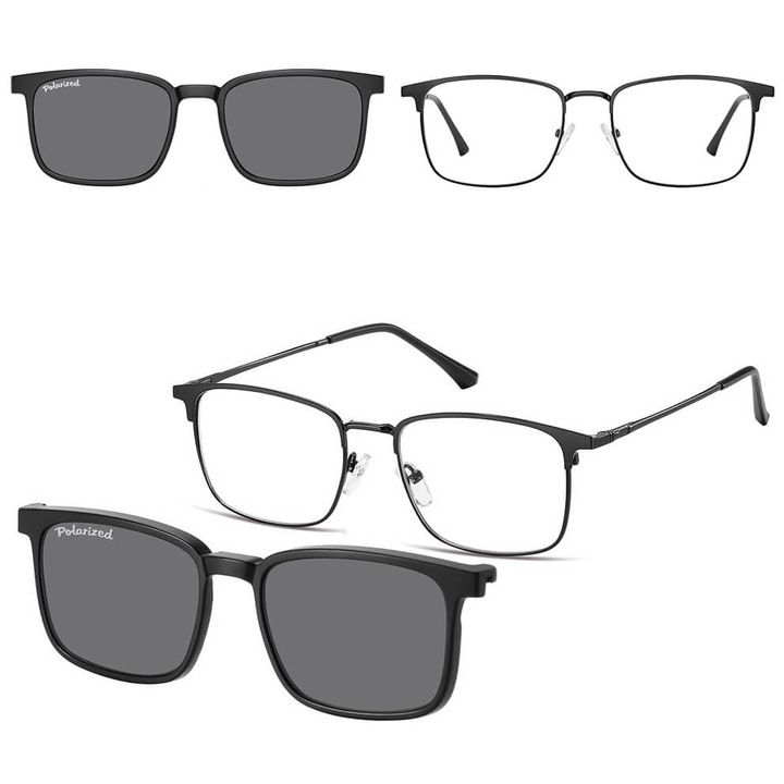 Ochelari de soare barbati, Sunoptic, cu optiune de corectie, clip-on polarizator, negru, set complet