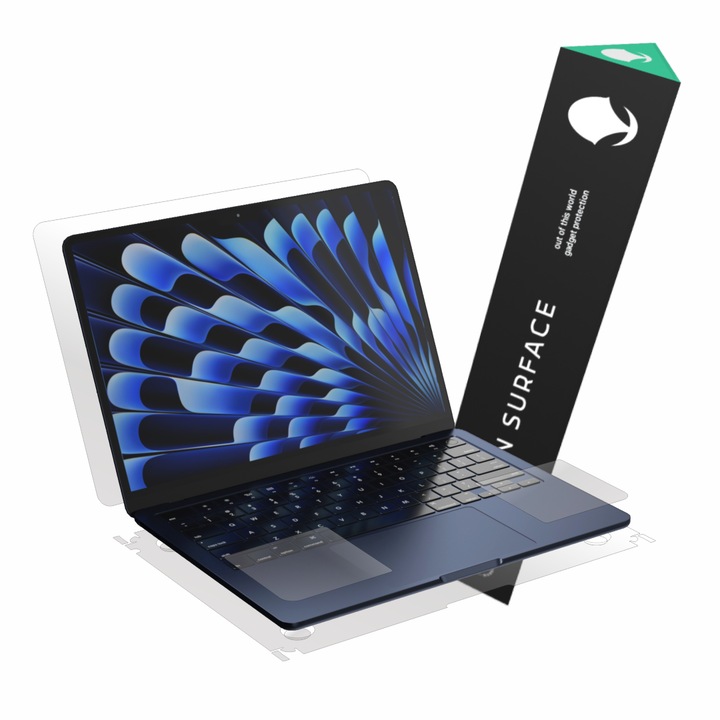 Folie protectie, compatibil cu Apple MacBook Air M4, 13 inch 2025, protectie completa la exterior si rest pad pe interior, Alien Surface