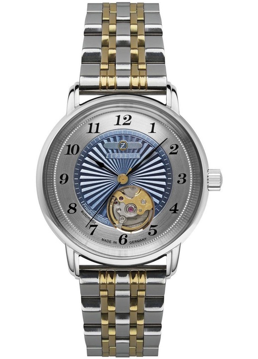 Ceas Zeppelin 8567M-3, automat, albastru, inox, 36mm, set bratara argintie si aurie