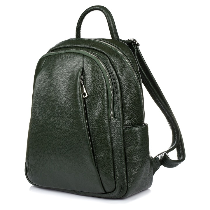Rucsac dama din piele naturala, Beltimore, A4, 7 buzunare, verde inchis, 35x15x35cm