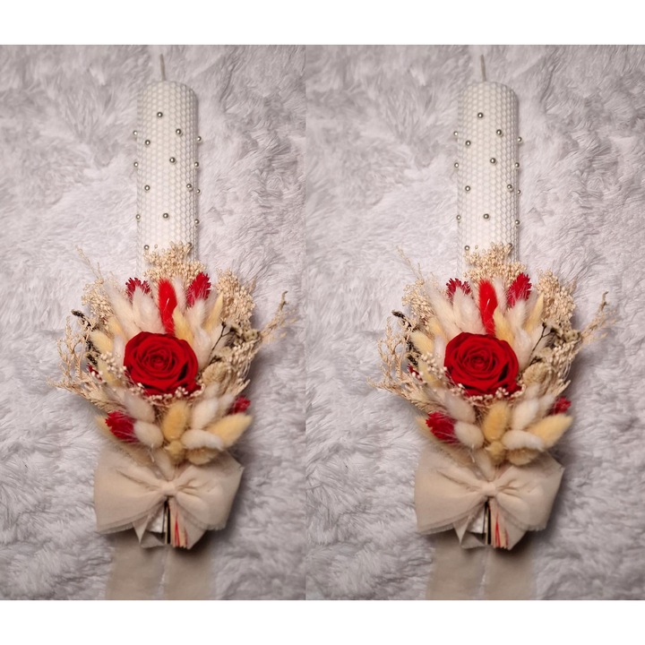 Set 2 lumanari cununie, nunta sau botez din ceara naturala decorate cu trandafir natural flori uscate, alb rosu, 35 cm