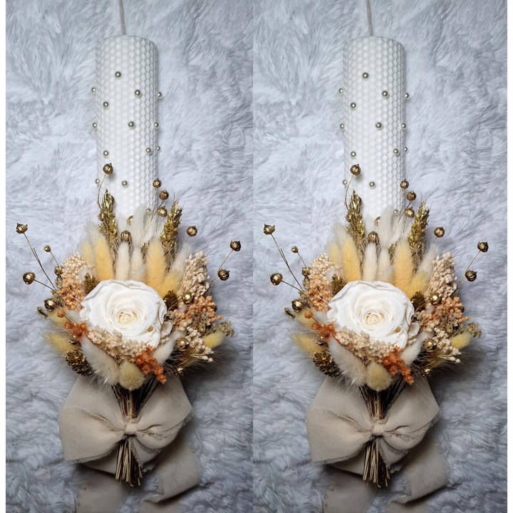 Set 2 lumanari cununie, nunta sau botez din ceara naturala decorate cu trandafir natural flori uscate, alb auriu, 35 cm