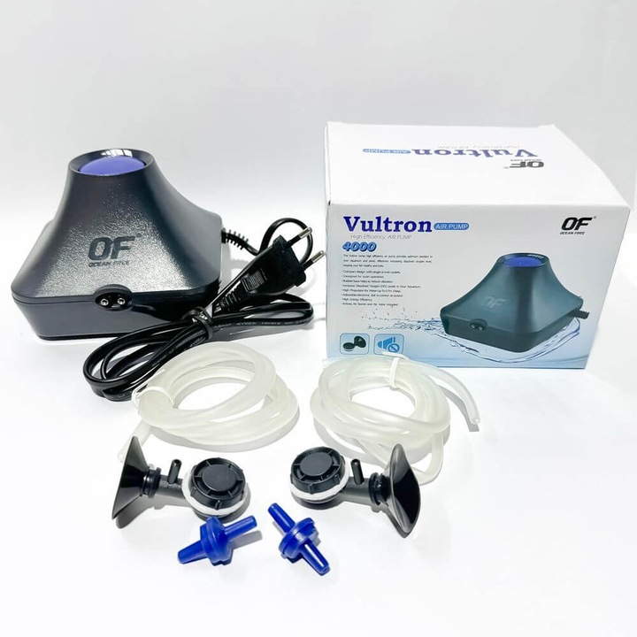 Set complet aerare acvarii cu pompa aer acvariu silentioasa, 2 iesiri, furtun de aer, valve unisens si difuzoare de aer, debit: 170 l / h, culoare neagra, Ocean Free Vultron 4000