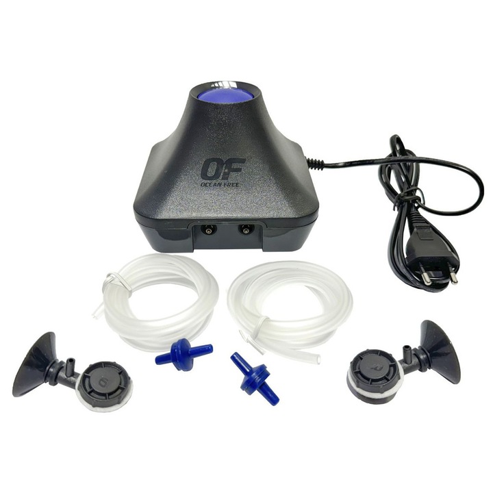 Set aerare acvarii complet cu accesorii incluse, pompa aer acvariu silentioasa, 2 iesiri, furtun de aer, valve unisens si difuzoare de aer, debit: 190 l / h, culoare neagra, Ocean Free Vultron 5000