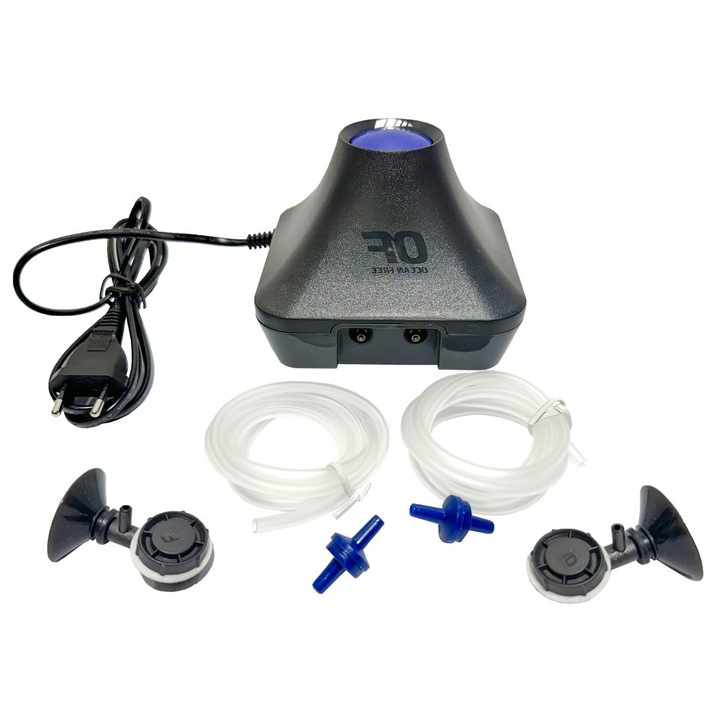 Set aerare acvarii si iazuri debit 460 l/h, cu accesorii incluse, pompa aer acvariu silentioasa, 2 iesiri, furtun de aer, valve unisens si difuzoare de aer, culoare neagra, Ocean Free Vultron 7000