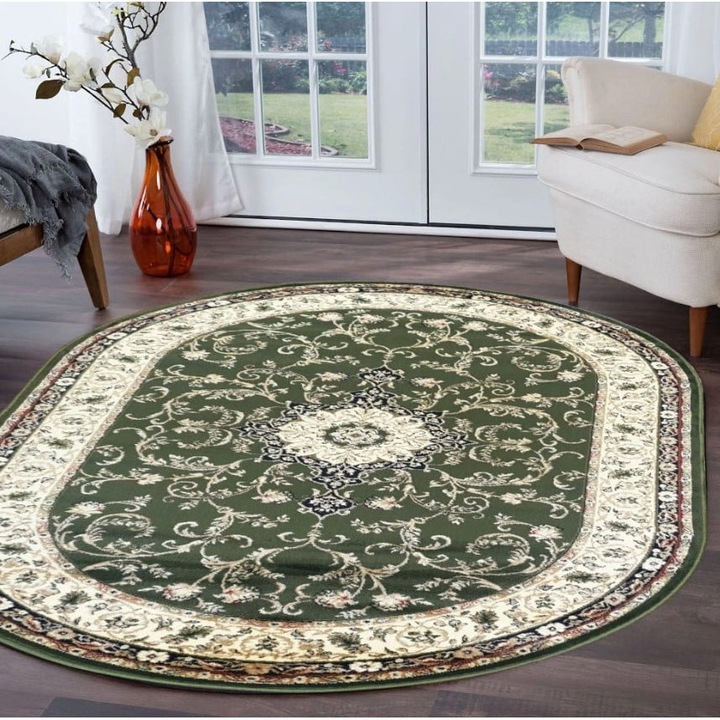 Covor Oval Model Covorexpert Lotos 523-310, Marime 60 x 110 cm, Verde, Lungime Fir 8 mm, Antialergic, Polipropilena, Living, Dormitor, Sufragerie, Birou 60 x 110