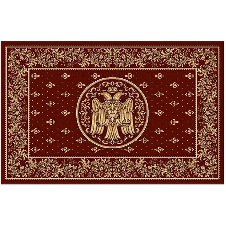Covor Model Covorexpert Bisericesc Lotos 15077-210, Imprimeu cu Vultur Bicefal, Marime 150 x 230 cm, Grena, Rosu, Lungime Fir 8 mm, Antialergic, Polipropilena, Manastire, Biserica, Altar, Naos, Pronaos, Capela 150 x 230