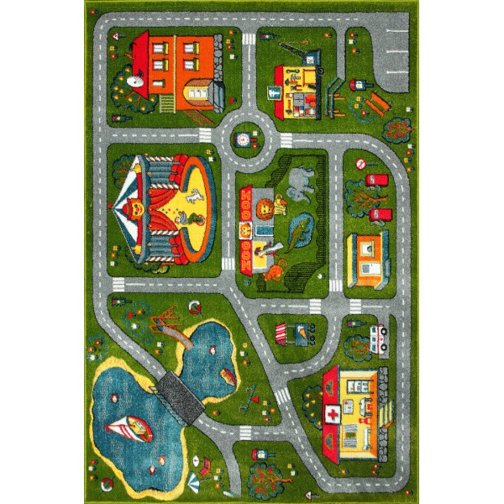 Covor Camera Copii Model Covorexpert Drumulete 11061-130, Marime 80 x 150 cm, Verde, Lungime Fir 9 mm, Antialergic, Polipropilena, Gradinita, Cresa, Loc de Joaca 80 x 150