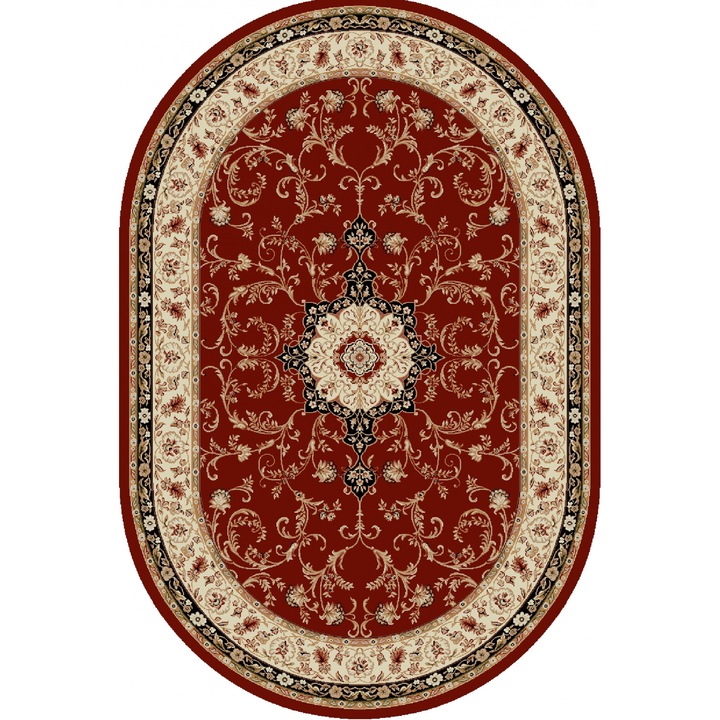Covor Oval Model Covorexpert Lotos 523-210, Marime 50 x 80 cm, Crem, Rosu, Lungime Fir 8 mm, Antialergic, Polipropilena, Living, Dormitor, Sufragerie, Birou 50 x 80