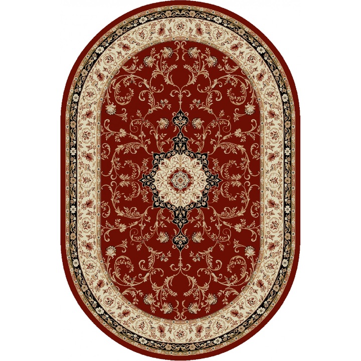 Covor Oval Model Covorexpert Lotos 523-210, Marime 150 x 230 cm, Crem, Rosu, Lungime Fir 8 mm, Antialergic, Polipropilena, Living, Dormitor, Sufragerie, Birou 150 x 230
