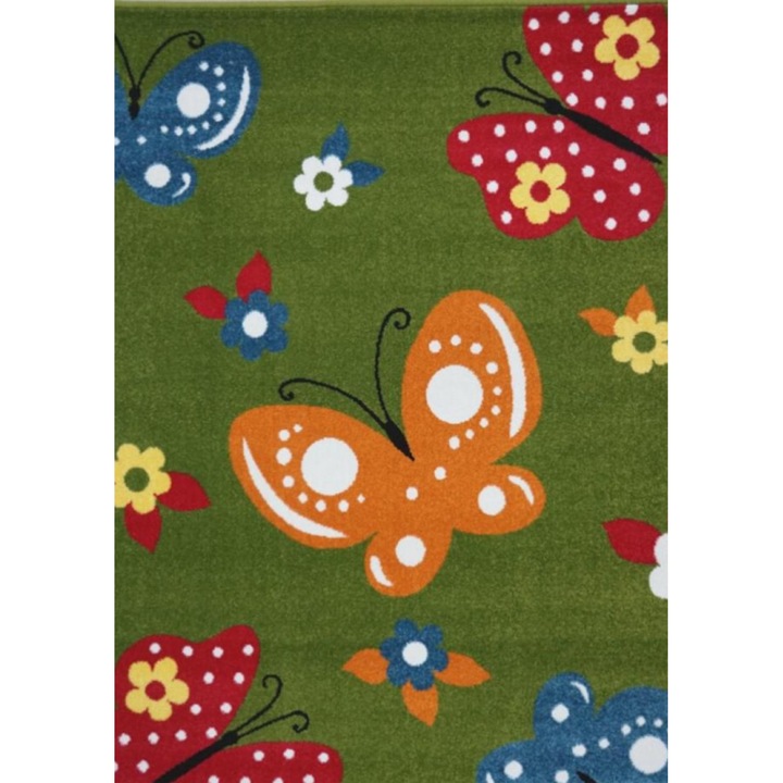 Gyerekszobai szőnyeg Covorexpert Butterflies 11206-130 modell, Méret 200 x 300 cm, Zöld, Szálhossz 9 mm, Antiallergén, Polipropilén, Óvoda, Bölcsőde, Játszótér