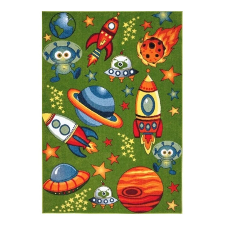 Covor Camera Copii Model Covorexpert Cosmos 11200-130, Marime 80 x 150 cm, Verde, Lungime Fir 9 mm, Antialergic, Polipropilena, Gradinita, Cresa, Loc de Joaca