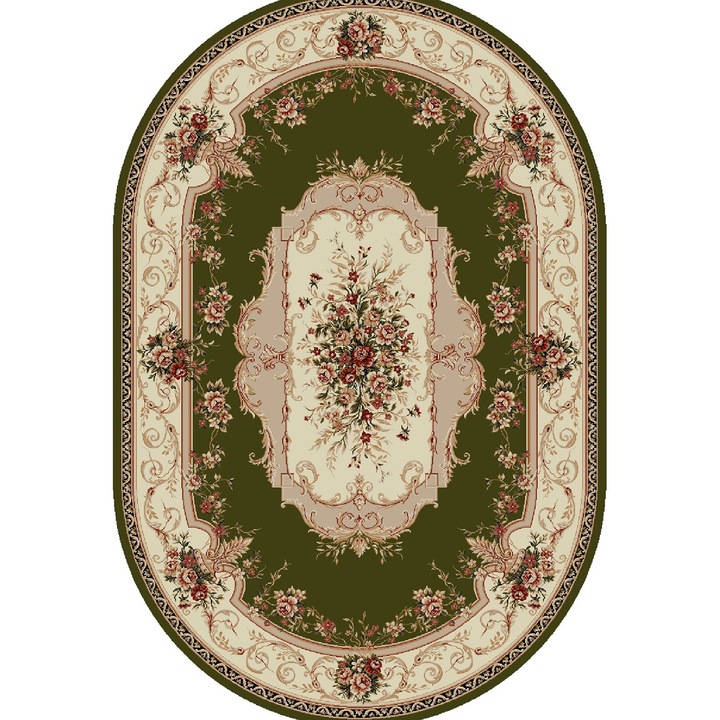 Covor Oval Model Covorexpert Lotos 507-301, Marime 200 x 300 cm, Crem, Verde, Lungime Fir 8 mm, Antialergic, Polipropilena, Living, Dormitor, Sufragerie, Birou