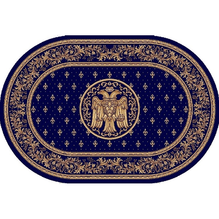 Covor Oval Model Covorexpert Bisericesc Lotos 15077-810, Imprimeu cu Vultur Bicefal, Imprimeu cu Vultur Bicefal, Marime 250 x 350 cm, Albastru, Lungime Fir 8 mm, Antialergic, Polipropilena, Manastire, Biserica 250 x 350