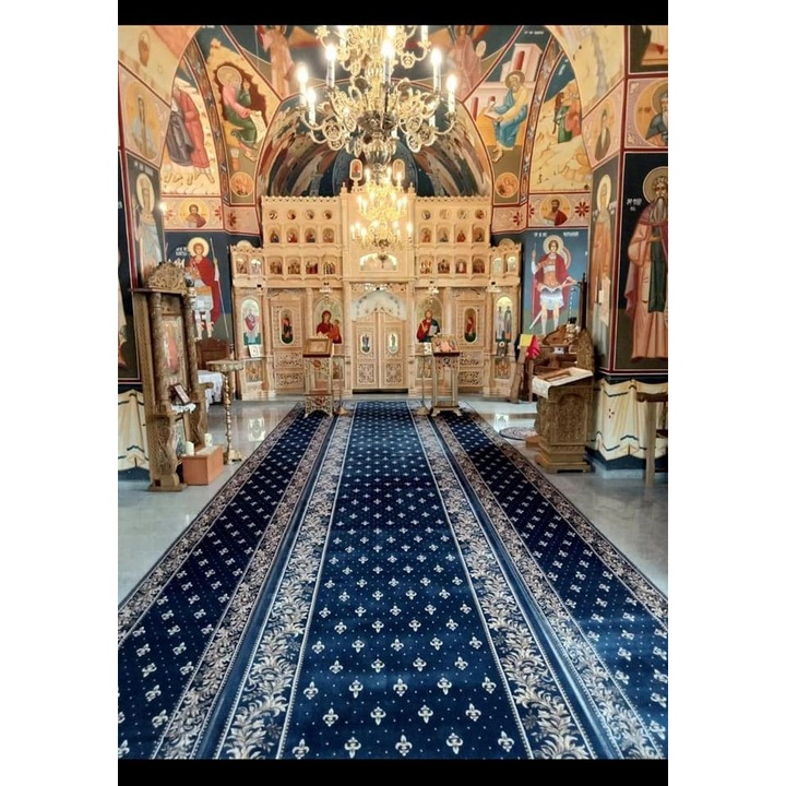 Traversa Bisericeasca Festonata / Surfilata, Model Covorexpert Lotos 15033-810, Latime 1m, Marime 100 x 1800 cm, Albastru, Lungime Fir 8 mm, Antialergic, Polipropilena, Manastire, Biserica, Altar, Naos, Pronaos