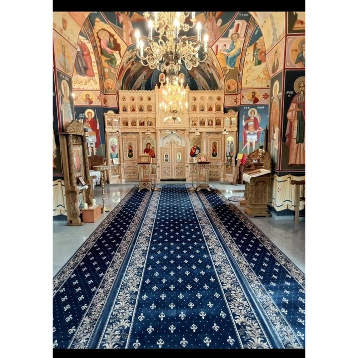 Traversa Bisericeasca Festonata / Surfilata, Model Covorexpert Lotos 15033-810, Latime 0.6m, Marime 60 x 300 cm, Albastru, Lungime Fir 8 mm, Antialergic, Polipropilena, Manastire, Biserica, Altar, Naos, Pronaos 60 x 300