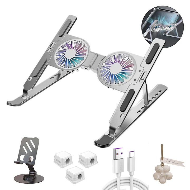 Set suport laptop pliabil cu ventilator ultra-silentios, suport telefon, pad ergonomic pentru incheieturi si organizator cabluri, 16 inch