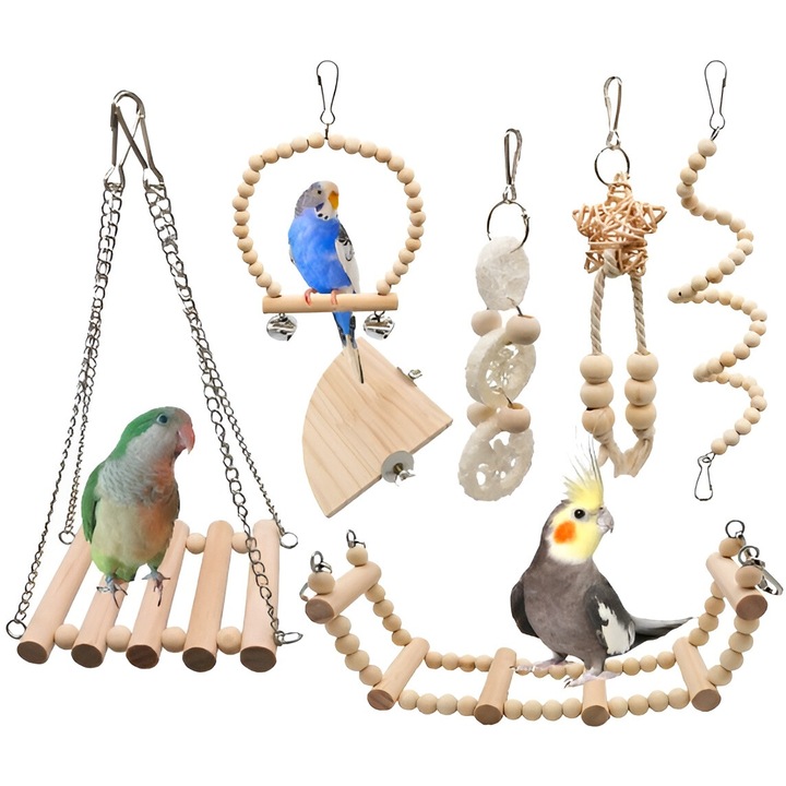 Set jucarii pentru pasari, Enforose, platforma leagan, scara, 7 piese, tema de toamna