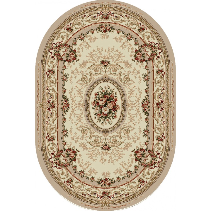 Covor Oval Model Covorexpert Lotos 568-100, Marime 80 x 150 cm, Crem, Lungime Fir 8 mm, Antialergic, Polipropilena, Living, Dormitor, Sufragerie, Birou 80 x 150