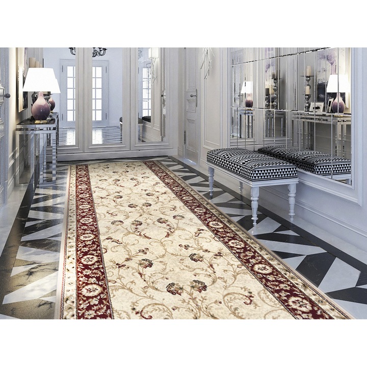 Traversa Bisericeasca Festonata / Surfilata, Model Covorexpert Lotos 523-120, Latime 0.8m, Marime 80 x 800 cm, Crem, Grena, Rosu, Lungime Fir 8 mm, Antialergic, Polipropilena, Manastire, Biserica, Altar, Naos