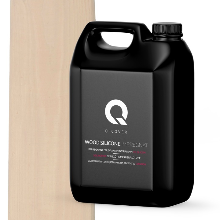 Impregnant colorant pentru lemn, cu silicon, Q-Cover, Bej deschis, pentru interior si exterior, pe baza de apa, prietenos cu mediul, usor de aplicat, foarte eficient, rezistent la murdarie, culori durabile, rezistente la UV, 5L