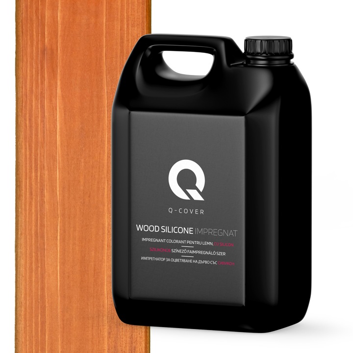 Impregnant colorant pentru lemn, cu silicon, Q-Cover, Tec, pentru interior si exterior, pe baza de apa, prietenos cu mediul, usor de aplicat, foarte eficient, rezistent la murdarie, culori durabile, rezistente la UV, 5L