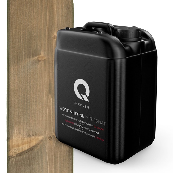 Impregnant colorant pentru lemn, cu silicon, Q-Cover, Gri cu tenta de bej, pentru interior si exterior, pe baza de apa, prietenos cu mediul, usor de aplicat, foarte eficient, rezistent la murdarie, culori durabile, rezistente la UV, 10L