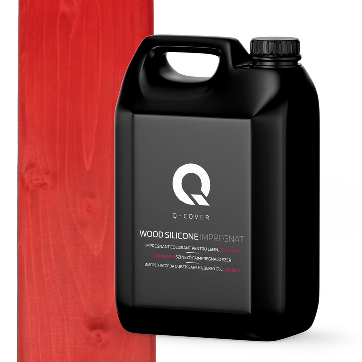 Impregnant colorant pentru lemn, cu silicon, Q-Cover, Rosu, pentru interior si exterior, pe baza de apa, prietenos cu mediul, usor de aplicat, foarte eficient, rezistent la murdarie, culori durabile, rezistente la UV, 5L